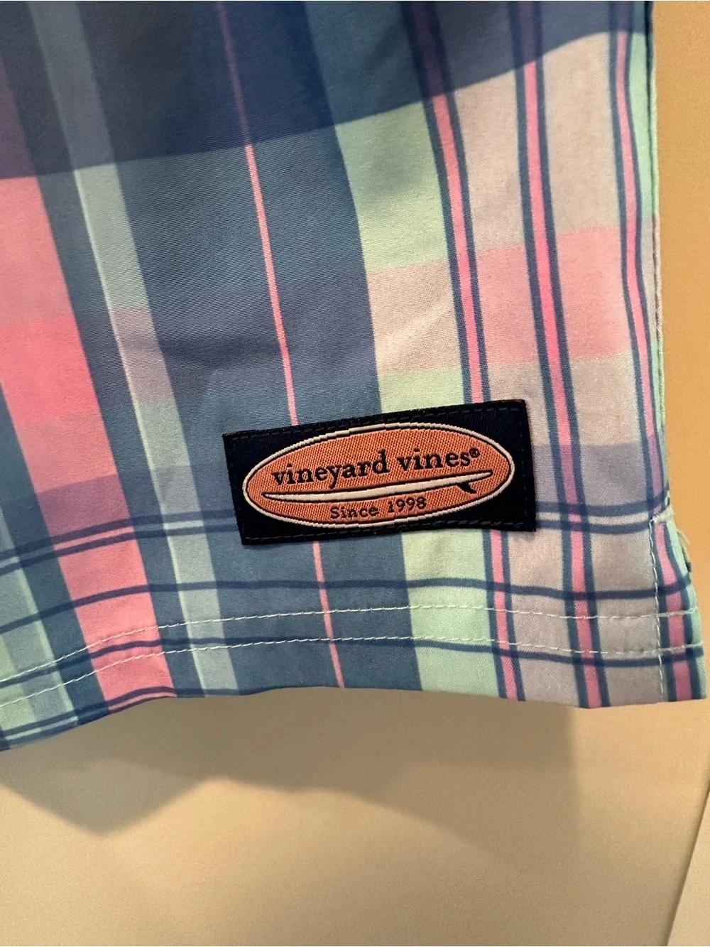 Vineyard Vines Plaid Chappy Swim Trunks Blue Pink Men’s Large 7” Inseam